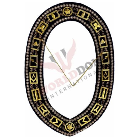 Blue Lodge Chain Collar  with Rhinestones on Blue Velvet