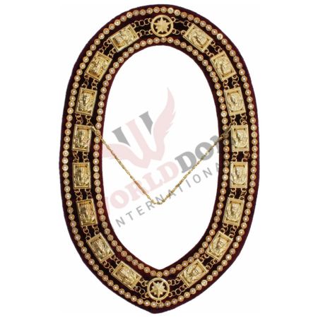 Daughters of Sphinx Chain Collar Gold Plated on Maroon Velvet